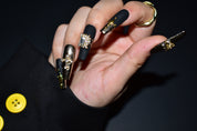 black matte nails coffin, metallic gold nail polish, handmade press on nail, rhinestones nails, monoschic nails