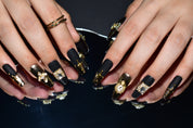 black matte nails coffin, metallic gold nail polish, handmade press on nail, rhinestones nails, monoschic nails