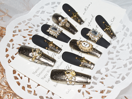 black matte nails coffin, metallic gold nail polish, handmade press on nail, rhinestones nails, monoschic nails