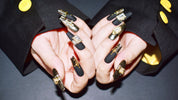 black matte nails coffin, metallic gold nail polish, handmade press on nail, rhinestones nails, monoschic nails