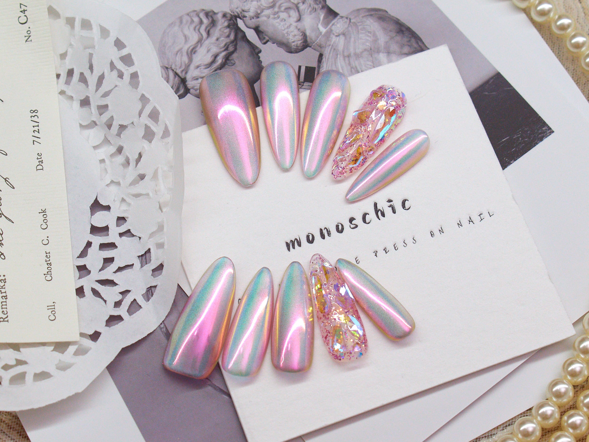 mirror nails, chrome nails mirror, almond clear nails, handmade press on nails, monoschic nails