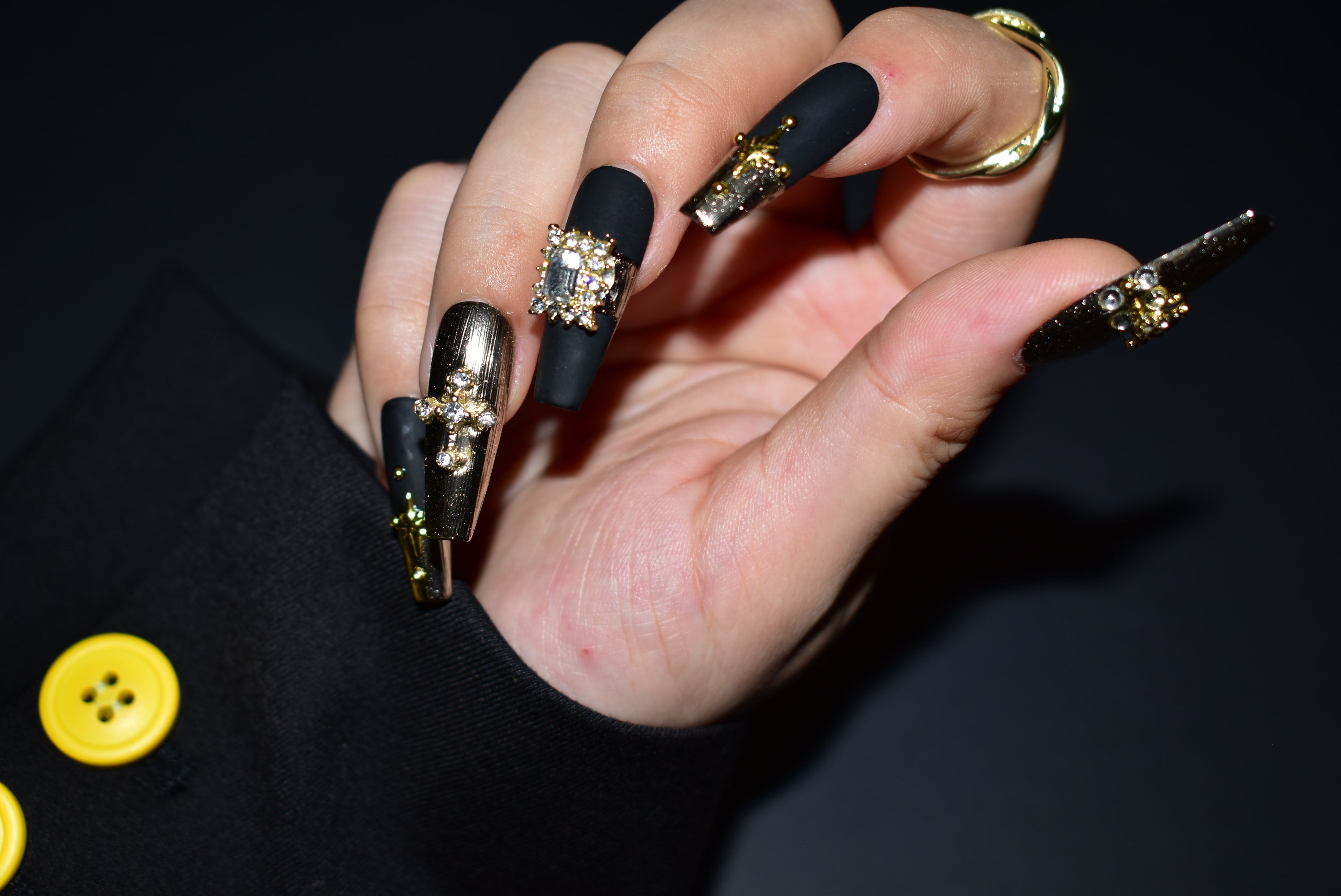 black matte nails coffin, metallic gold nail polish, handmade press on nail, rhinestones nails, monoschic nails