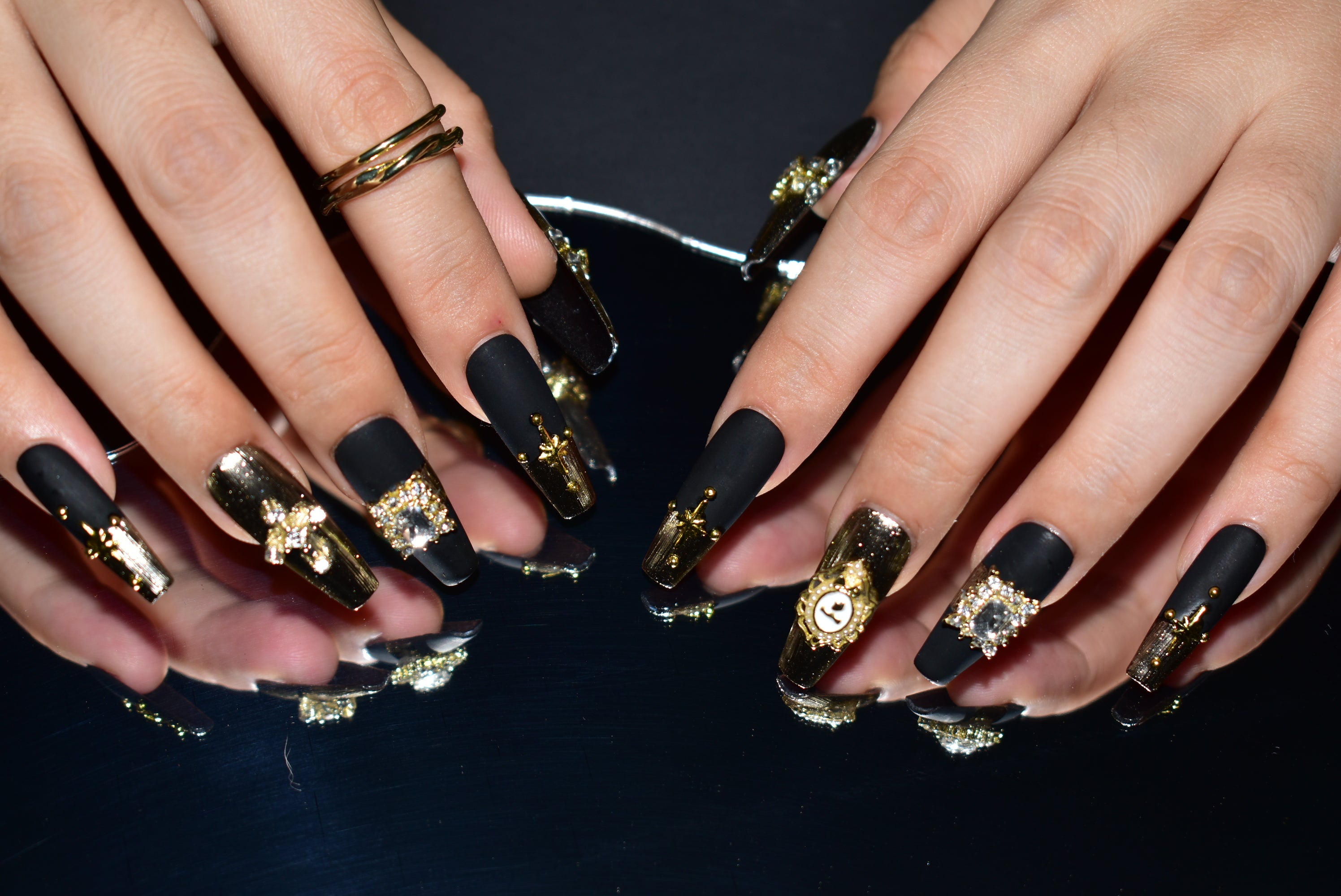 black matte nails coffin, metallic gold nail polish, handmade press on nail, rhinestones nails, monoschic nails