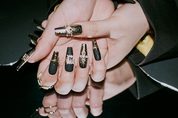 black matte nails coffin, metallic gold nail polish, handmade press on nail, rhinestones nails, monoschic nails