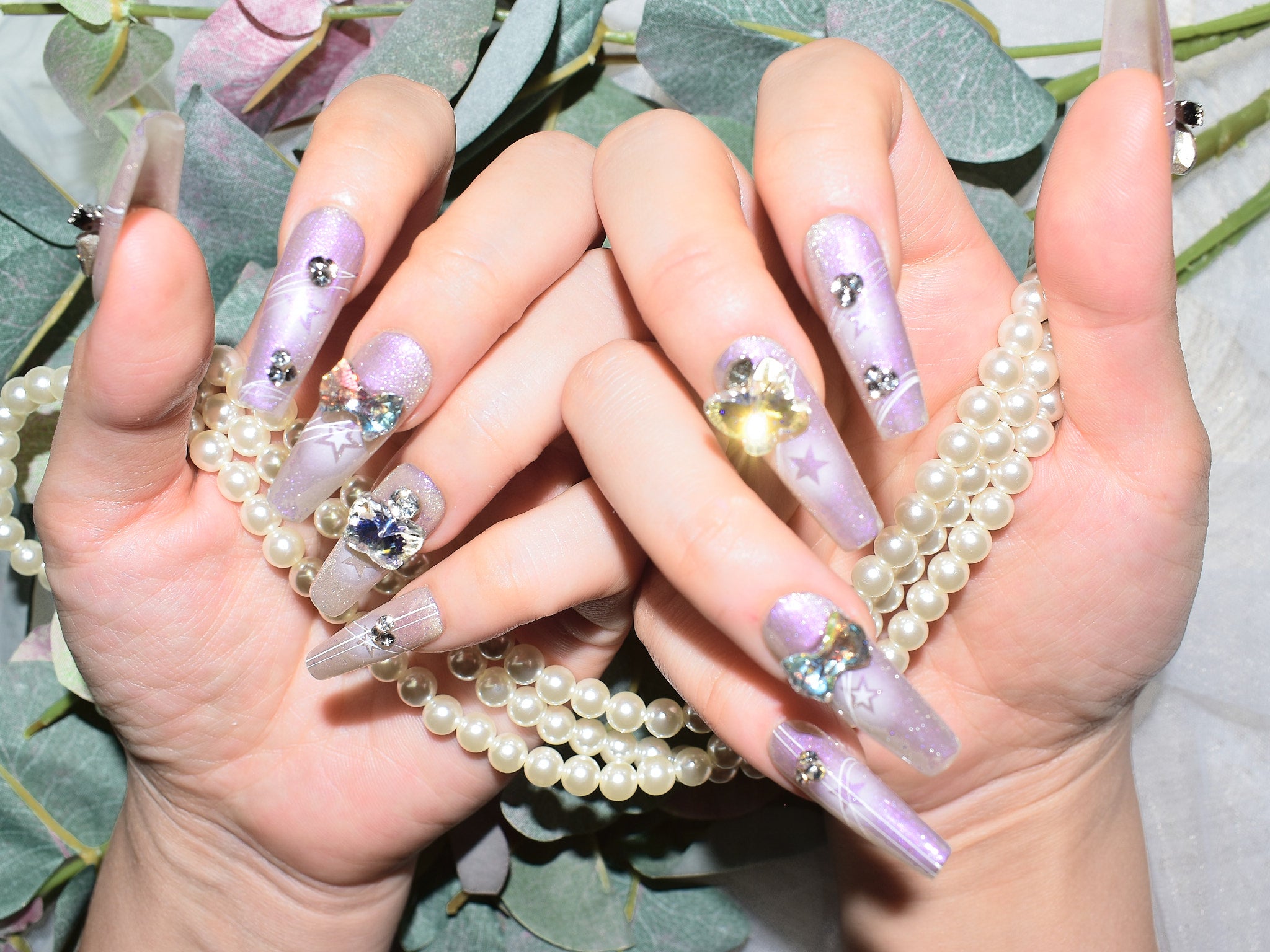 light purple nail varnish, nails with stars, bow press on nails, handmade press on nails, monoschic nails