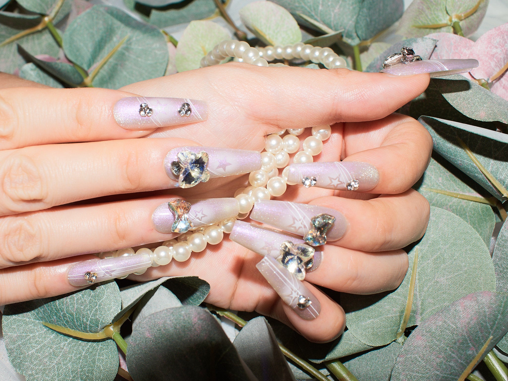 light purple nail varnish, nails with stars, bow press on nails, handmade press on nails, monoschic nails