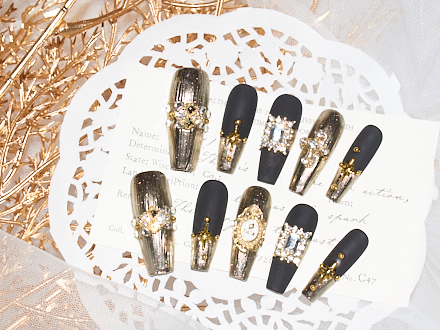 black matte nails coffin, metallic gold nail polish, handmade press on nail, rhinestones nails, monoschic nails