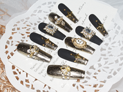 black matte nails coffin, metallic gold nail polish, handmade press on nail, rhinestones nails, monoschic nails