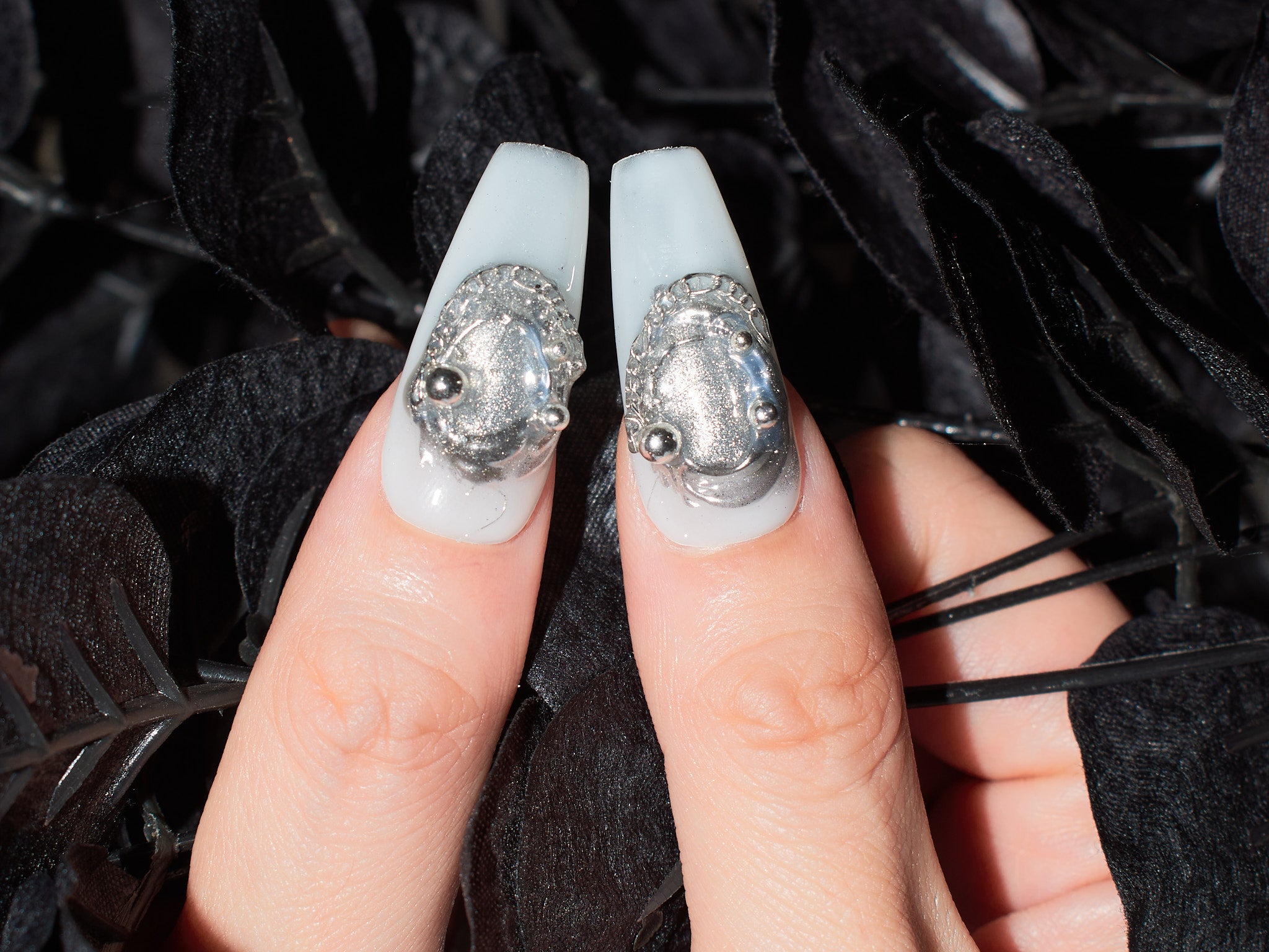 gray glitter nails, coffin nail tips, 3d gel nails, handmade press on nails, monoschic nails