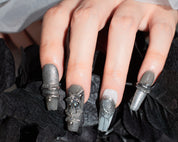 gray glitter nails, coffin nail tips, 3d gel nails, handmade press on nails, monoschic nails