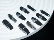 black matte nails coffin, metallic silver nail polish, handmade press on nail, monoschic nails