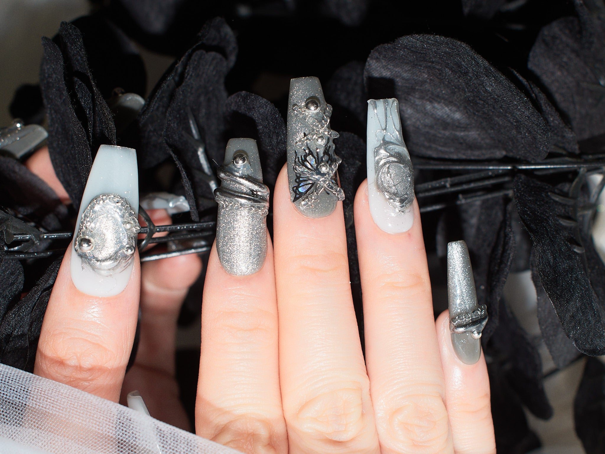 gray glitter nails, coffin nail tips, 3d gel nails, handmade press on nails, monoschic nails