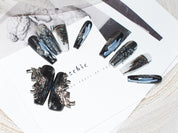 handmade press on nails, butterfly nails, black and white nails, silver nails glitter, monoschic nails