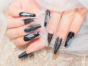 handmade press on nails, butterfly nails, black and white nails,  silver nails glitter, monoschic nails