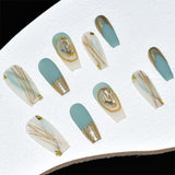 Aqua Serenity Press-On Nails | Medium-Long Coffin Shape With Gold Accents