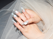 white nails pearl, rhinestone bling nails, luxury spa nails, wedding press on nails, monoschic nails