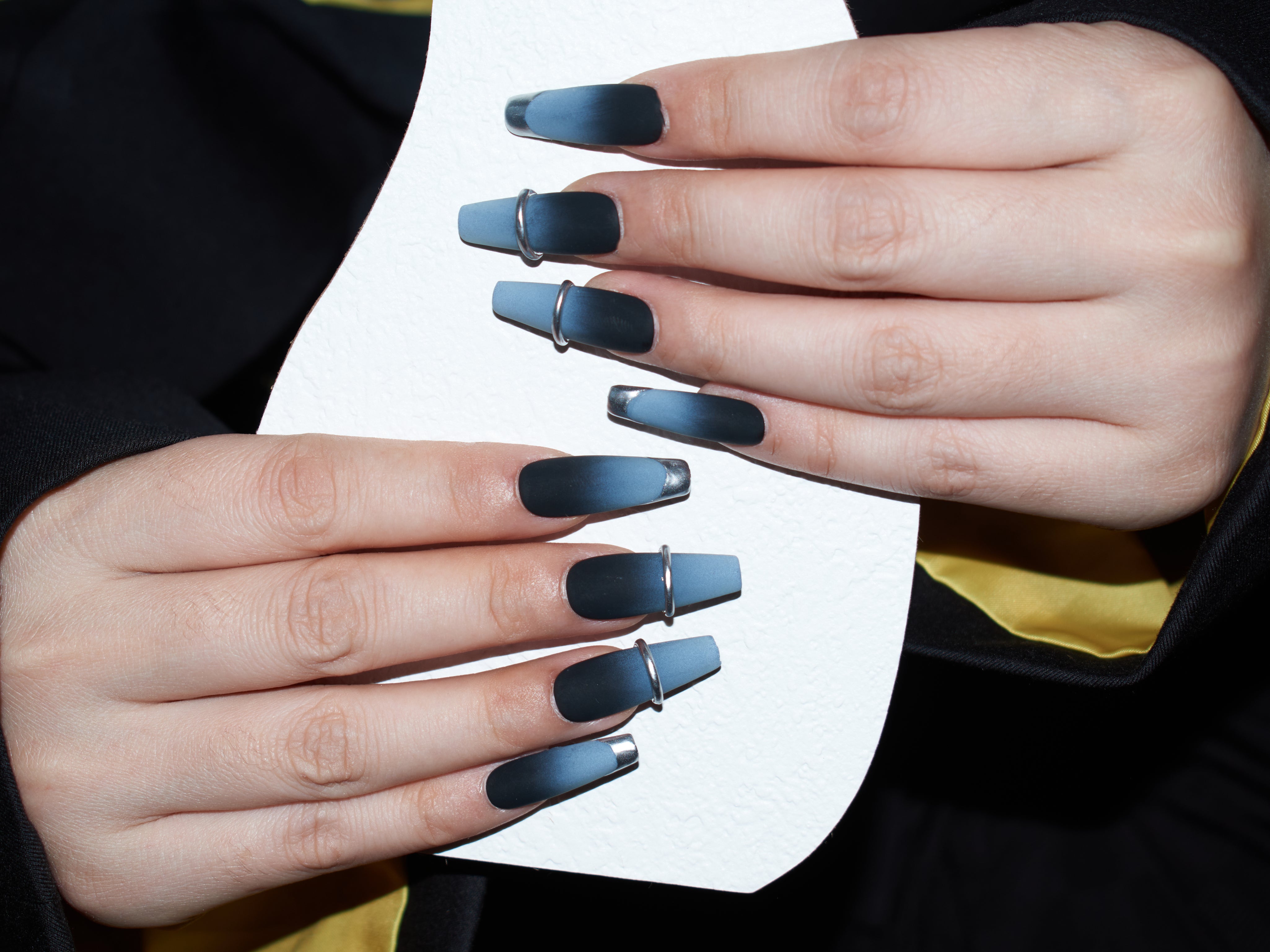 black press on nails,  press on french tip nails, blue silver nail art, monoschic nails