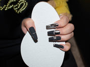 black matte nails coffin, metallic silver nail polish, handmade press on nail, monoschic nails