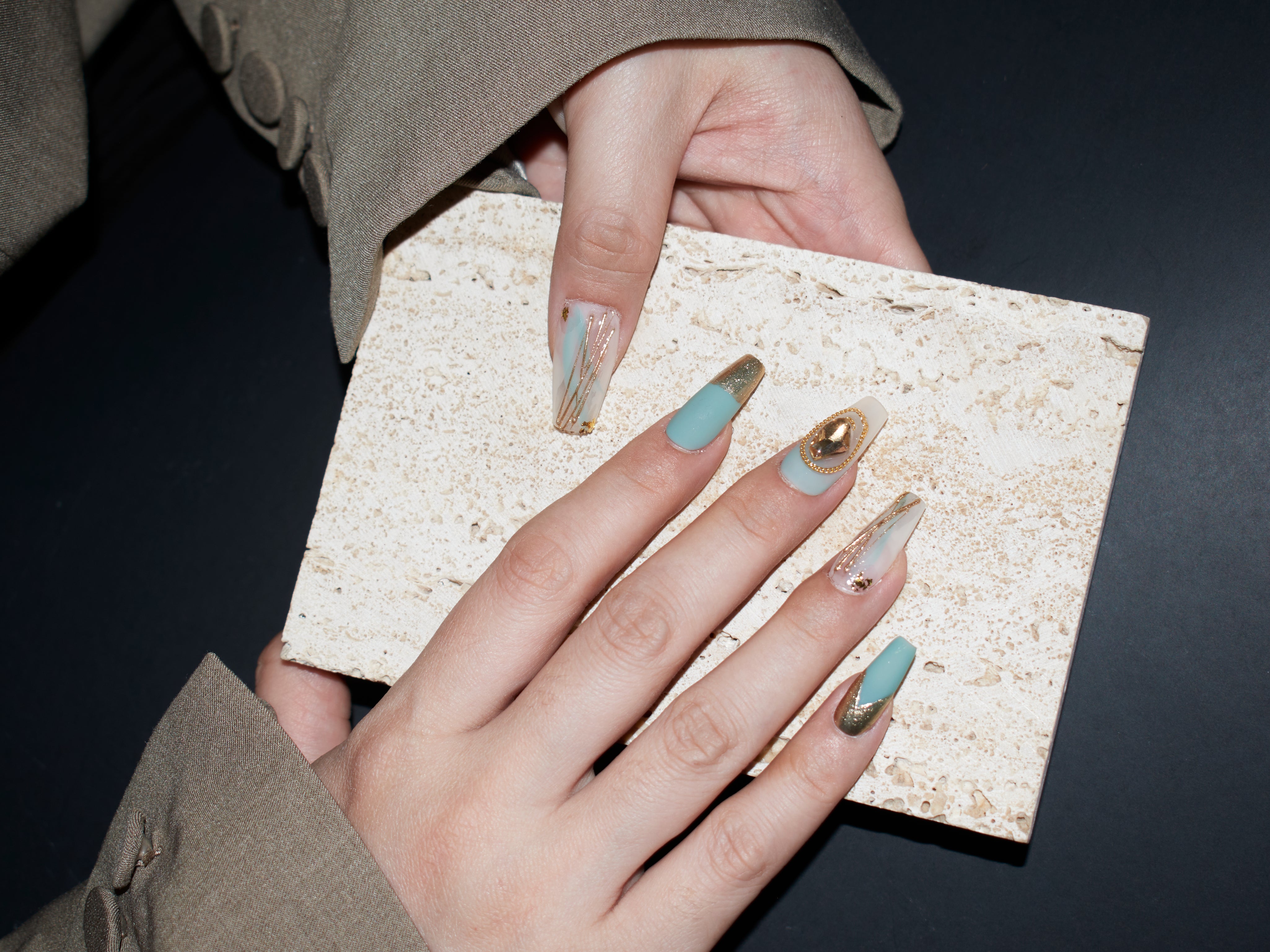 french tip press on nails, coffin nails, nail paint matte, metallic blue nails, monoschic nails