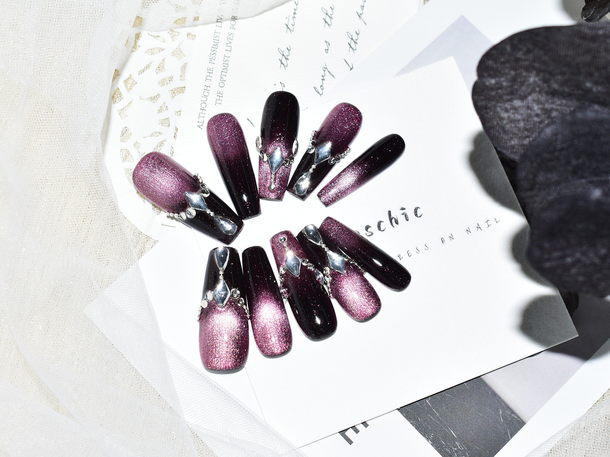 black purple holographic glitter coffin Y2k Press on nail 
