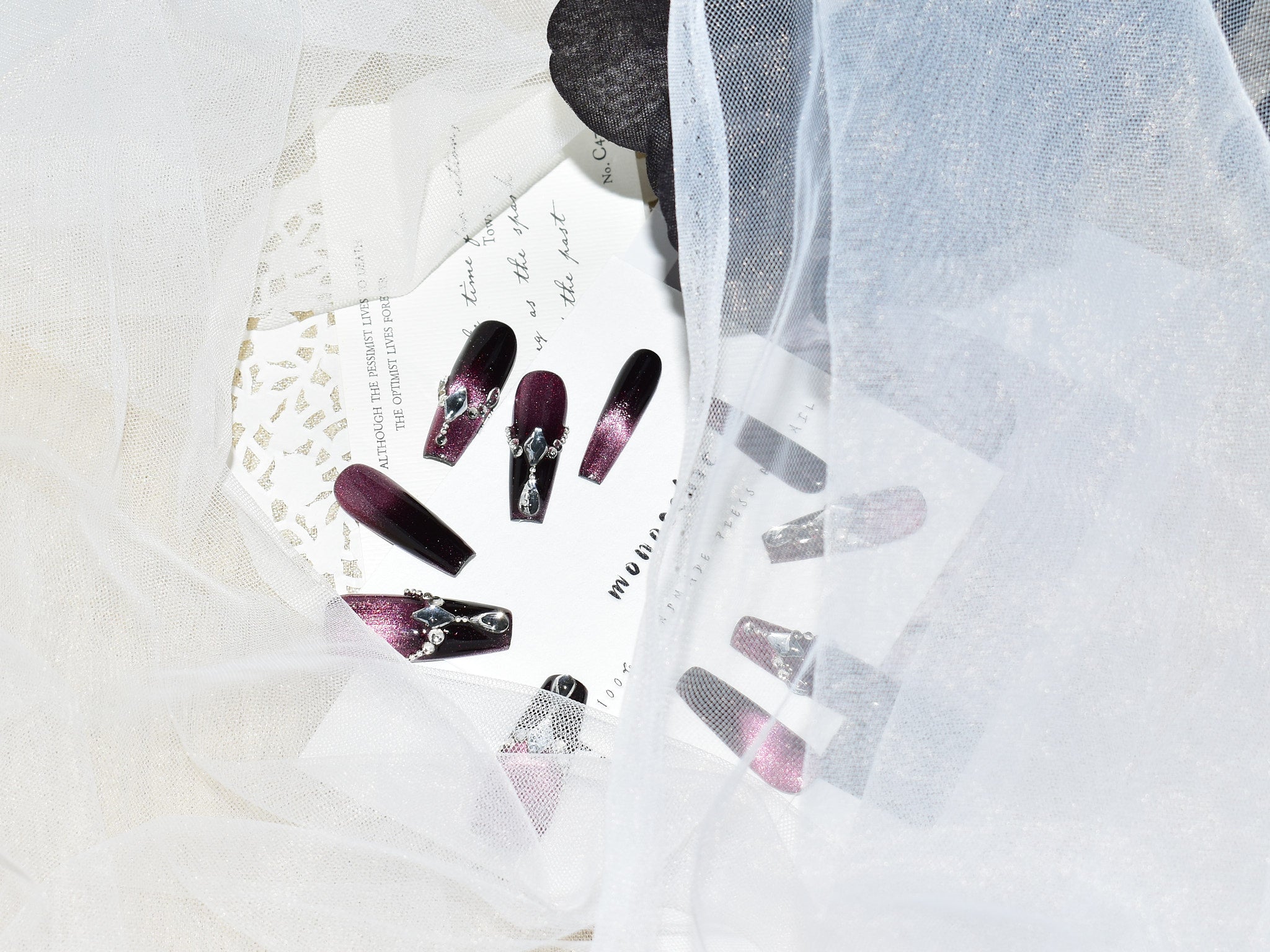 handmade press on nails, princess nail, purple cat eye nails, coffin shaped nails, monoschic nails