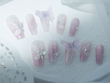 wedding press on nails, butterfly lace, pink and purple nail designs, summer coffin nails, monoschic nails
