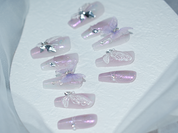 wedding press on nails, butterfly lace, pink and purple nail designs, summer coffin nails, monoschic nails