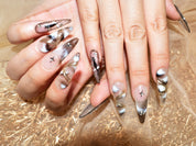 nail glitter gold, handmade press on nails, long clear nails, monoschic nails