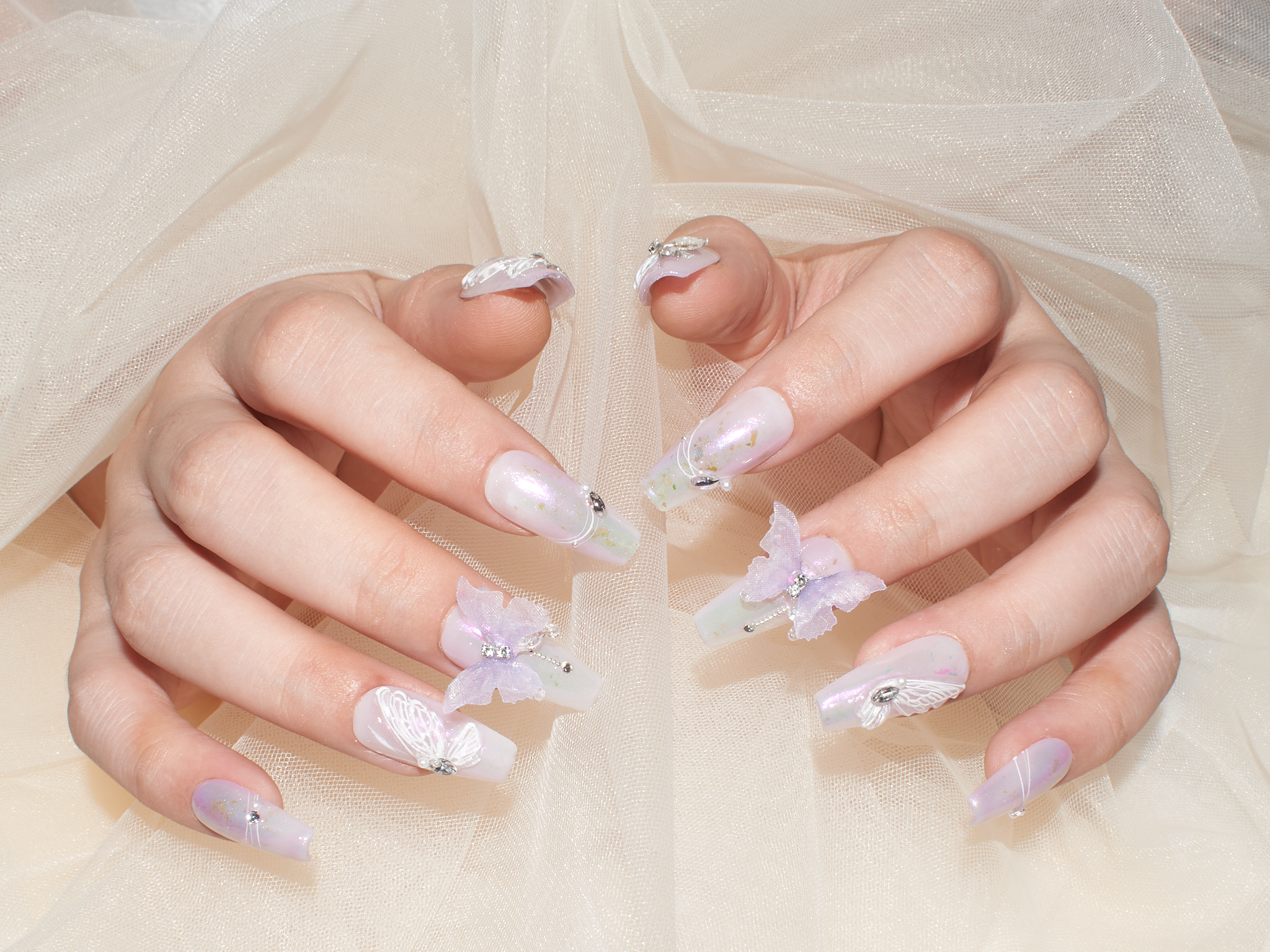 wedding press on nails, butterfly lace,  pink and purple nail designs,  summer coffin nails, monoschic nails