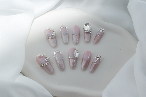 pink press on nails, rhinestone bling nails, hot pink french tip nails, pink cat eye nails