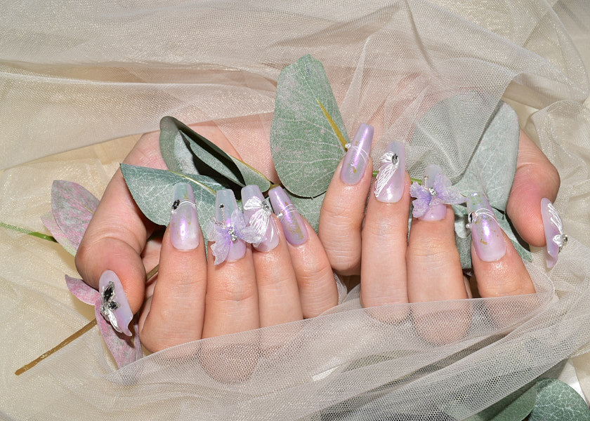wedding press on nails, butterfly lace, pink and purple nail designs, summer coffin nails, monoschic nails