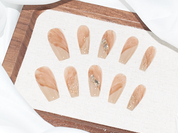 nude and brown nails, gold rhinestones for nails, simple nails, coffin french tip nails, monoschic nails