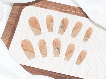 nude and brown nails, gold rhinestones for nails, simple nails, coffin french tip nails, monoschic nails