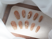 nude and brown nails, gold rhinestones for nails, simple nails, coffin french tip nails, monoschic nails