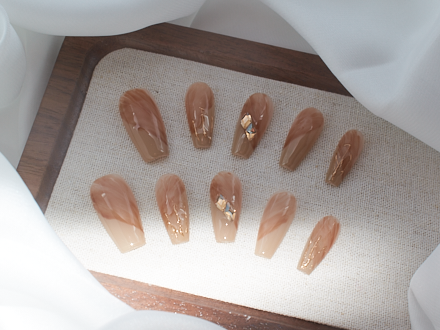 nude and brown nails, gold rhinestones for nails, simple nails, coffin french tip nails, monoschic nails