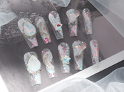 white nails pearl, rhinestone bling nails, luxury spa nails, wedding press on nails, monoschic nails