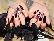 handmade press on nails, princess nail, purple cat eye nails, coffin shaped nails, monoschic nails
