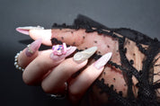 pink press on nails | long, snake acrylic nails, hear rhinestone nails, new noble nails, monoschic nails