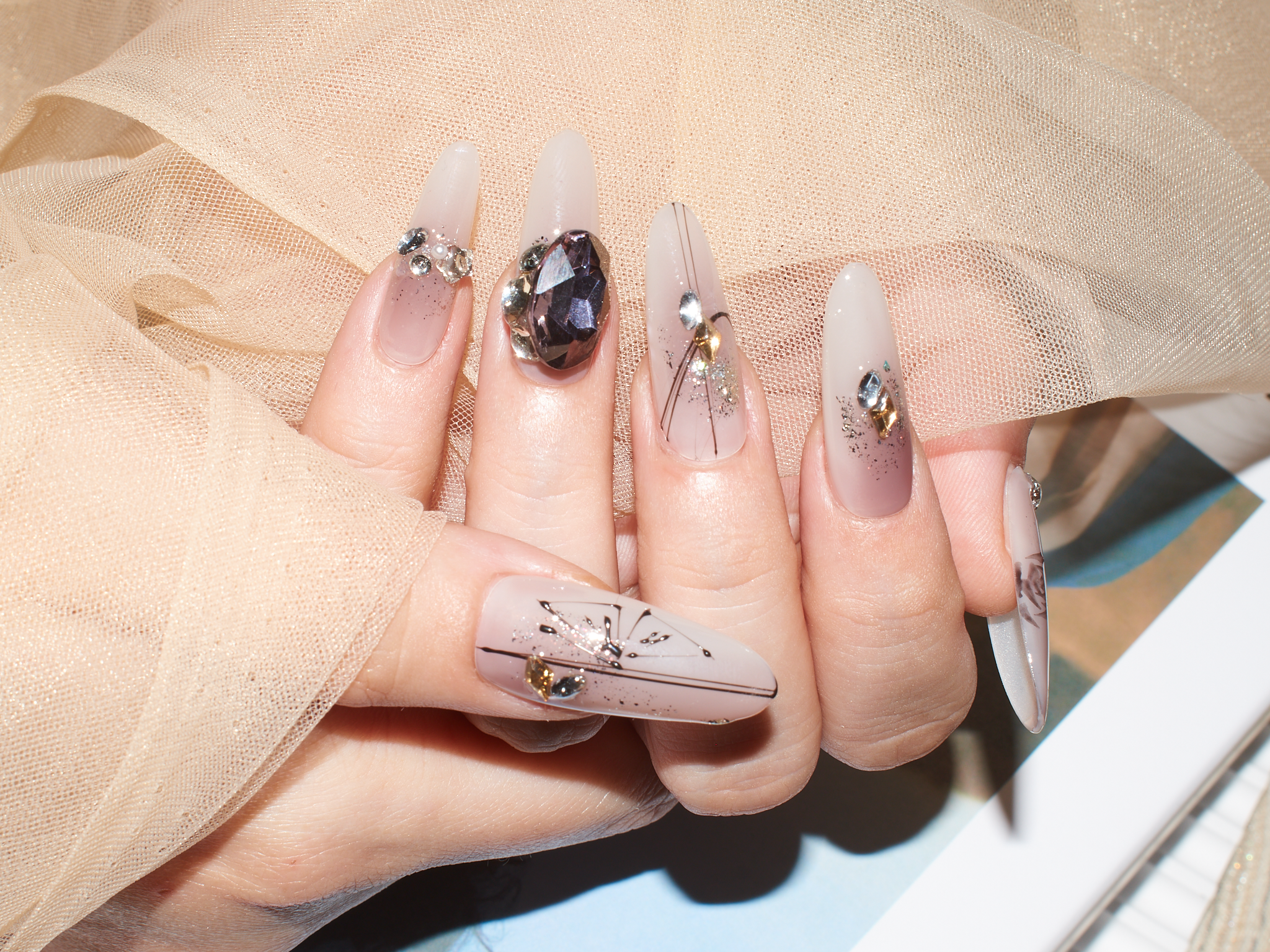 Rose Butterfly Elegance, monoschic nails，impress long oval press on nails, monoschic nails, rose nails, nude nail designs, nude glitter nails